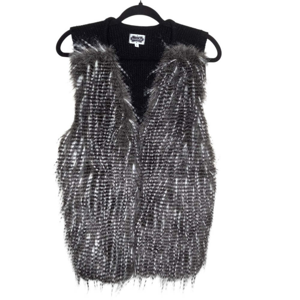 Mud Pie Women Black Faux Fur Acrylic Knit Mixed Media Vest Large Bratz Aesthetic